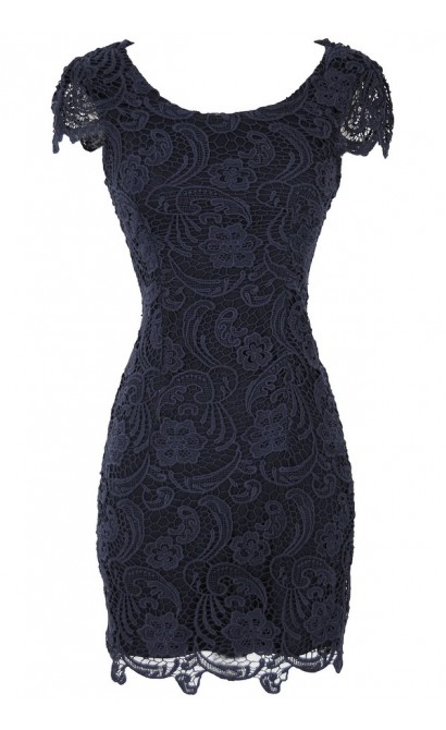 Nila Crochet Lace Capsleeve Pencil Dress in Navy